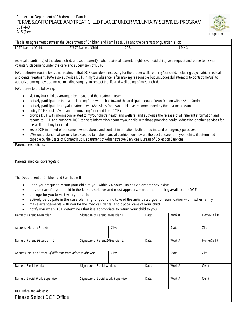 Form DCF-449 Permission to Place and Treat Child Placed Under Voluntary Services Program - Connecticut, Page 1