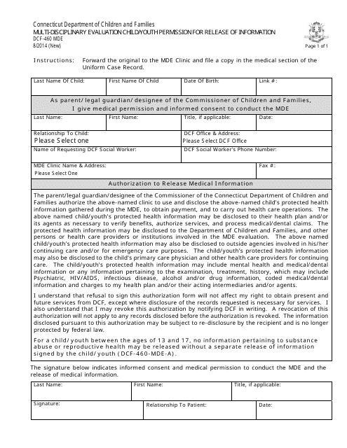 Form DCF-460 MDE Multi-Disciplinary Evaluation Child/Youth Permission for Release of Information - Connecticut, 2014