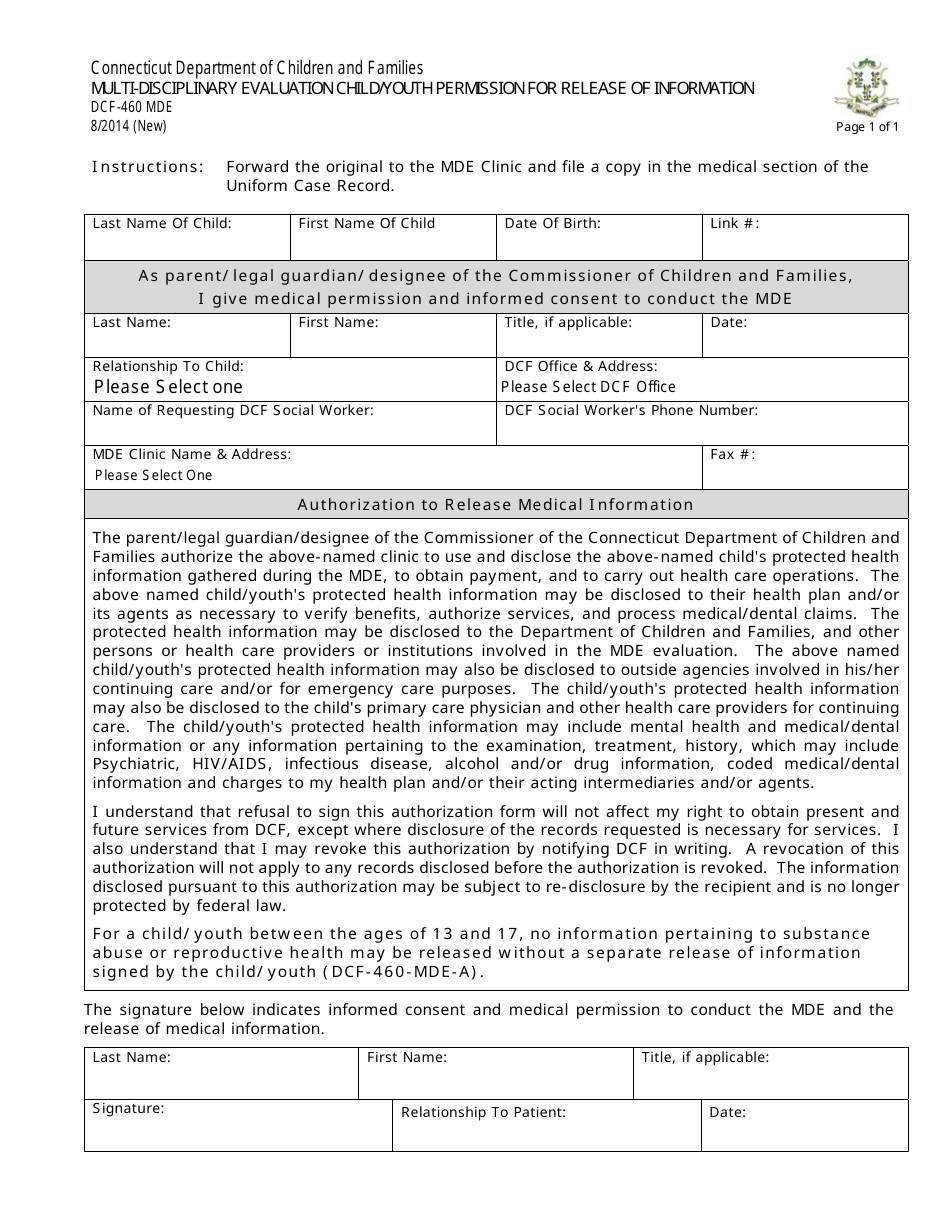 Form DCF-460 MDE Multi-Disciplinary Evaluation Child / Youth Permission for Release of Information - Connecticut, Page 1