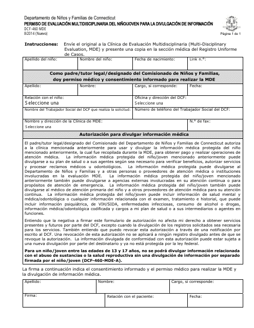 Formulario DCF-460 MDE (ES) Permiso De Evaluacion Multidisciplinaria Del Nino/Joven Para La Divulgacion De Informacion - Connecticut (Spanish)