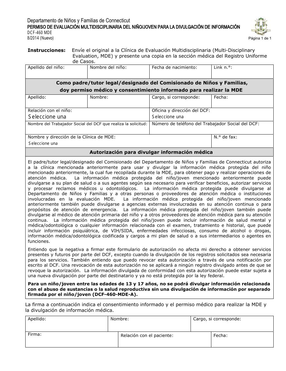 Formulario DCF-460 MDE (ES) Permiso De Evaluacion Multidisciplinaria Del Nino / Joven Para La Divulgacion De Informacion - Connecticut (Spanish), Page 1