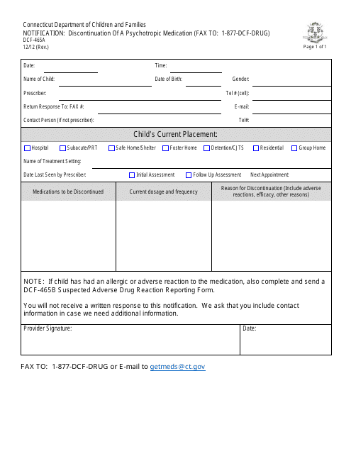 Form DCF-465A Notification - Discontinuation of a Psychotropic Medication - Connecticut