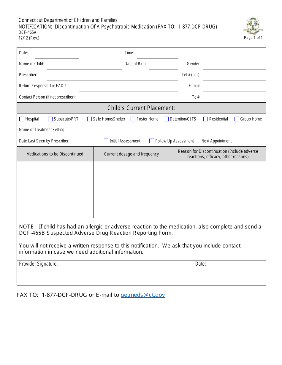 Form DCF-465A Notification - Discontinuation of a Psychotropic Medication - Connecticut, Page 1
