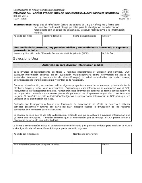 Formulario DCF-460 MDE-A (ES) Permiso De Evaluacion Multidisciplinaria Del Nino/Joven Para La Divulgacion De Informacion - Connecticut (Spanish)