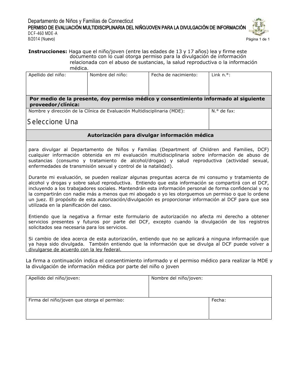 Formulario DCF-460 MDE-A (ES) Permiso De Evaluacion Multidisciplinaria Del Nino / Joven Para La Divulgacion De Informacion - Connecticut (Spanish), Page 1