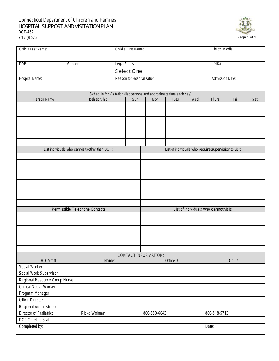 Form DCF-462 Hospital Support and Visitation Plan - Connecticut, Page 1