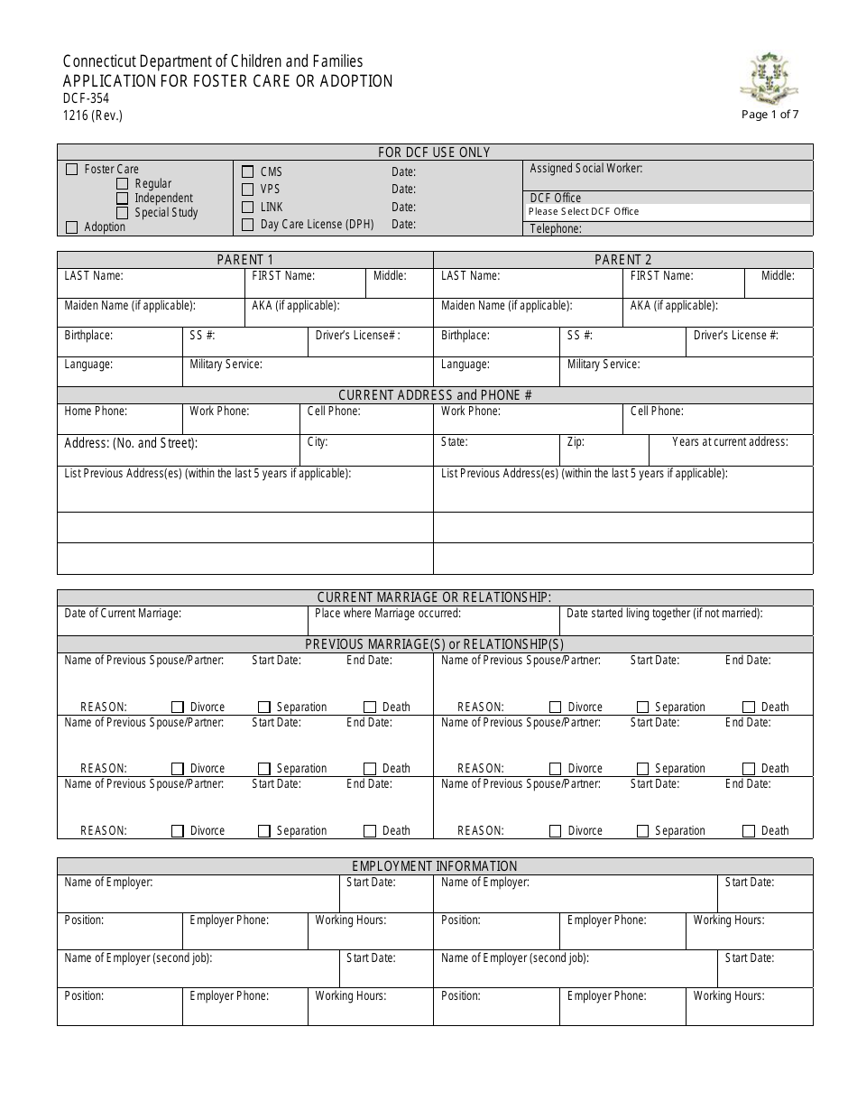 Form DCF-354 Application for Foster Care or Adoption - Connecticut, Page 1