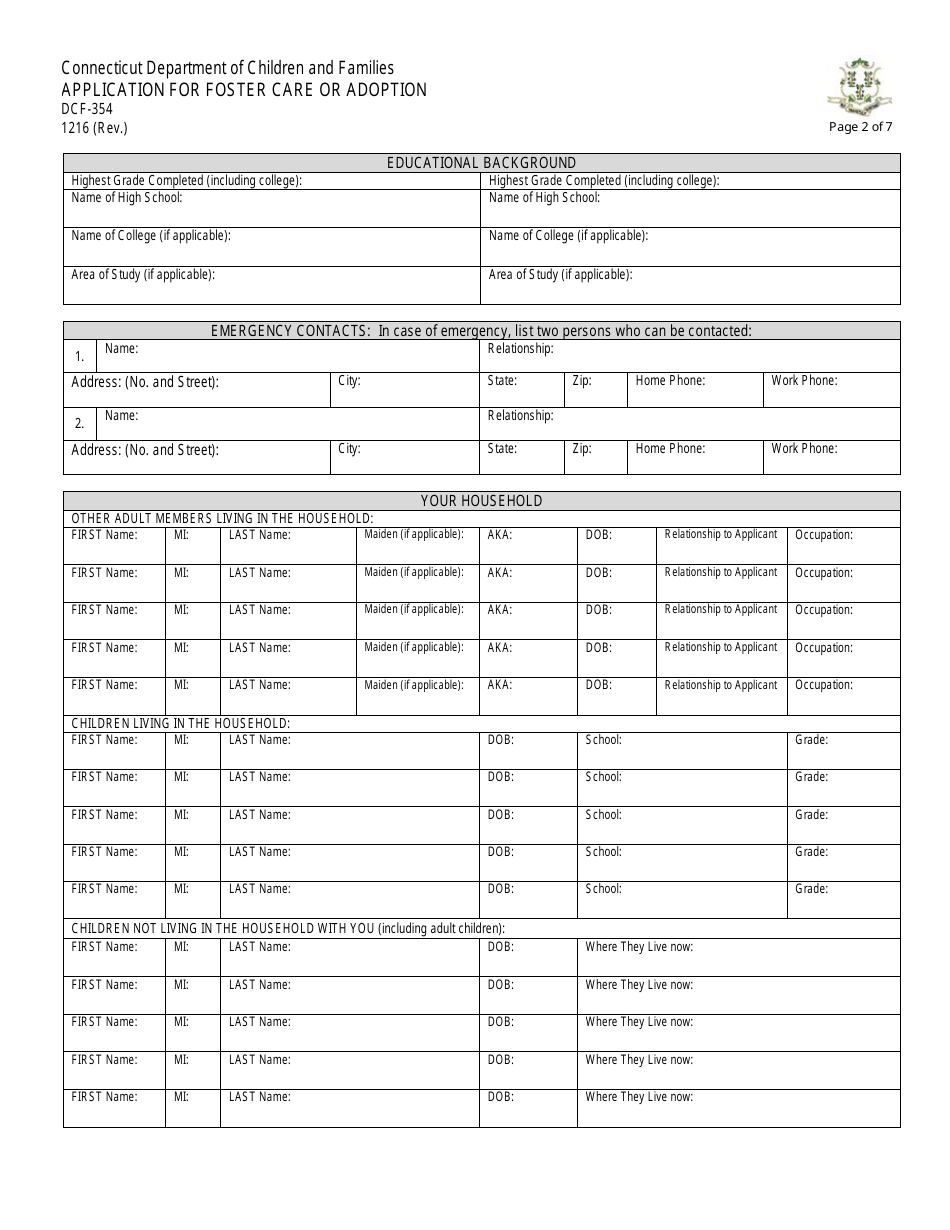 Form DCF-354 Application for Foster Care or Adoption - Connecticut, Page 2