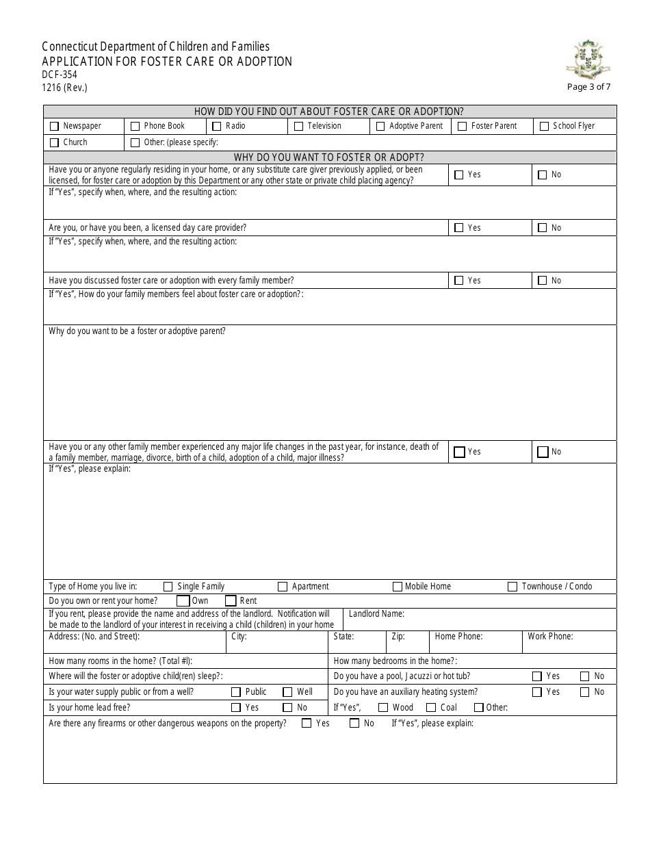 Form DCF-354 Application for Foster Care or Adoption - Connecticut, Page 3