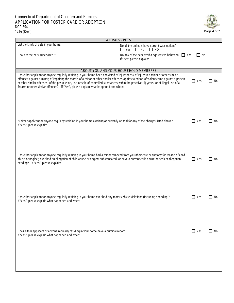 Form DCF-354 Application for Foster Care or Adoption - Connecticut, Page 4