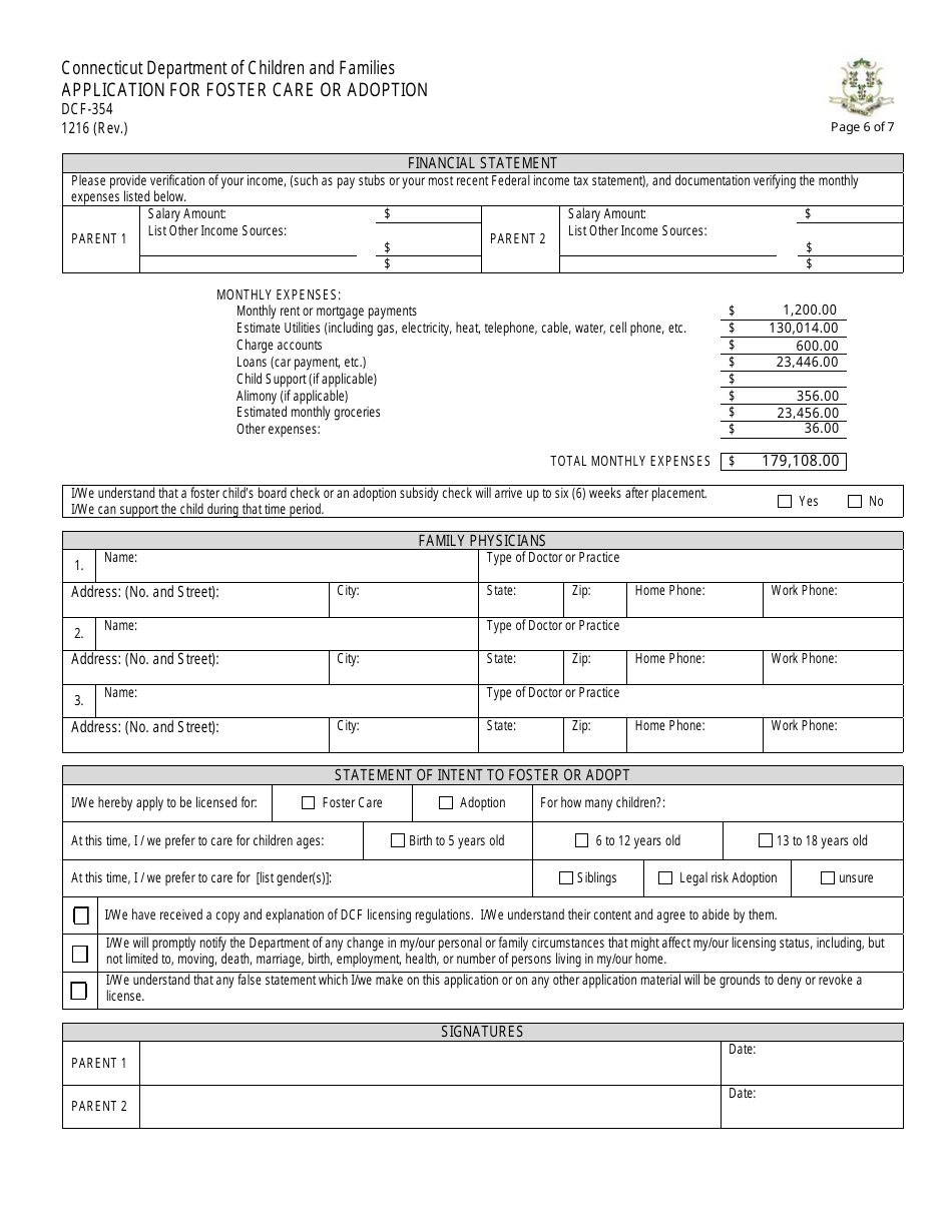 Form DCF-354 Application for Foster Care or Adoption - Connecticut, Page 6