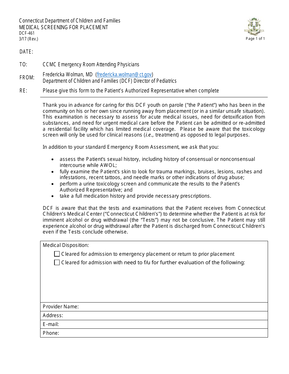 Form DCF-461 Medical Screening for Placement - Connecticut, Page 1