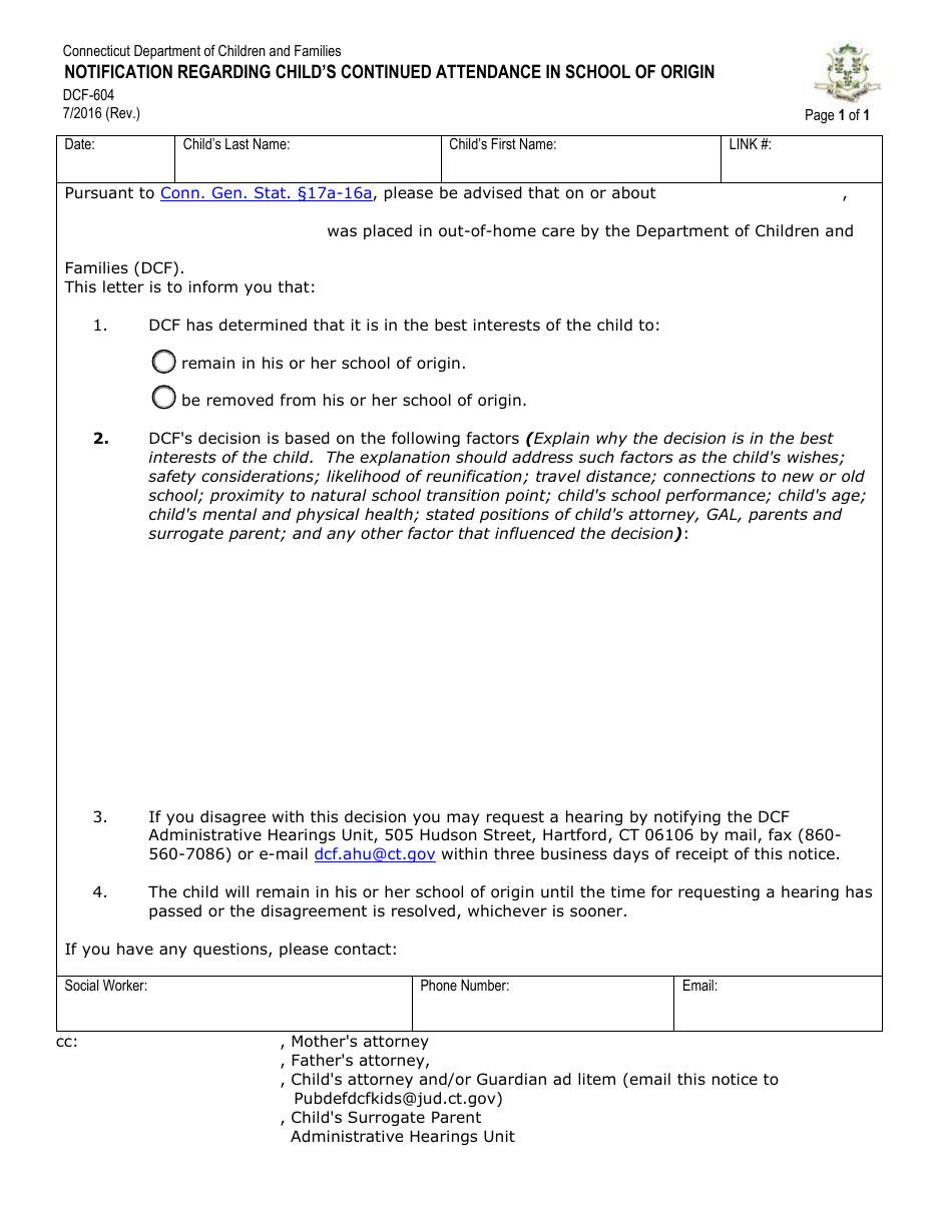 Form DCF-604 Notification Regarding Childs Continued Attendance in School of Origin - Connecticut, Page 1
