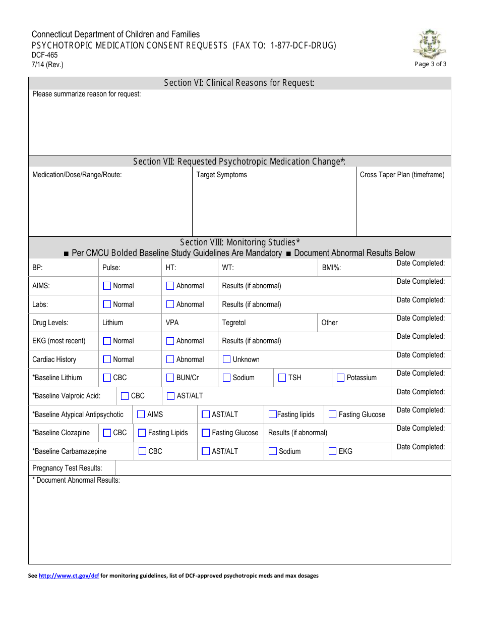 Form DCF-465 Psychotropic Medication Consent Requests - Connecticut, Page 3