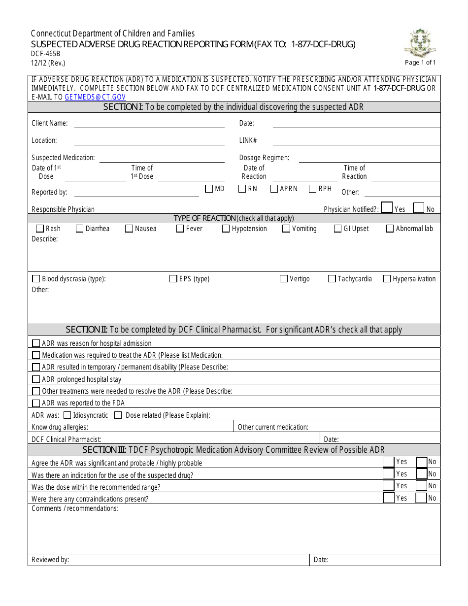 Form DCF-465B Suspected Adverse Drug Reaction Reporting Form - Connecticut, Page 1