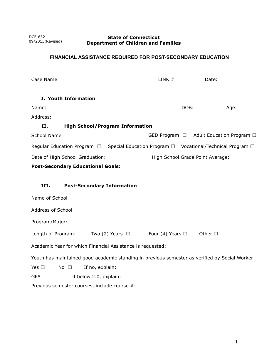 Form DCF-632 Financial Assistance Required for Post-secondary Education - Connecticut, Page 1