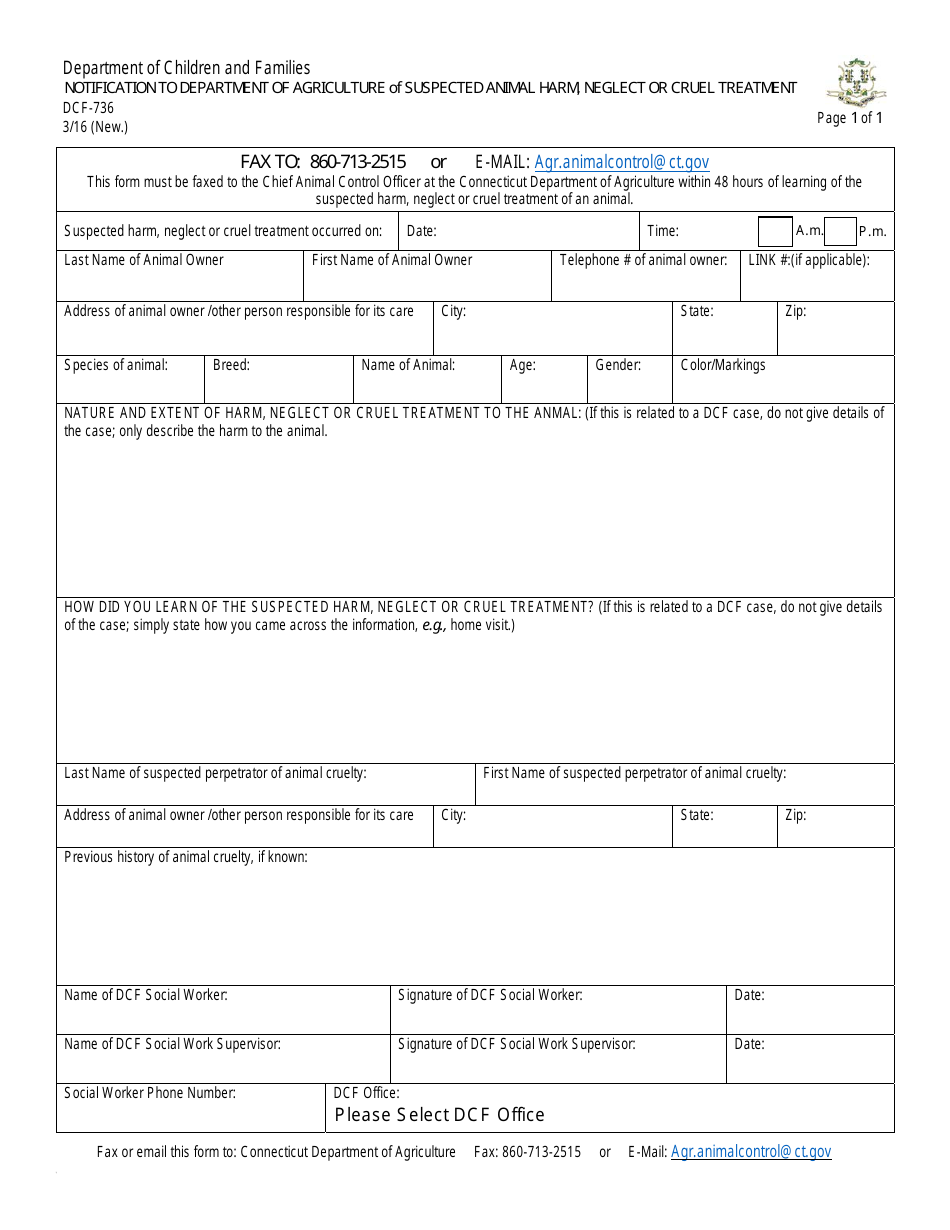 Form DCF-736 Notification to Department of Agriculture of Suspected Animal Harm, Neglect or Cruel Treatment - Connecticut, Page 1