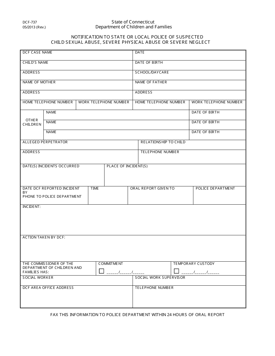 Form DCF-737 Notification to State or Local Police of Suspected Child Sexual Abuse, Severe Physical Abuse or Severe Neglect - Connecticut, Page 1
