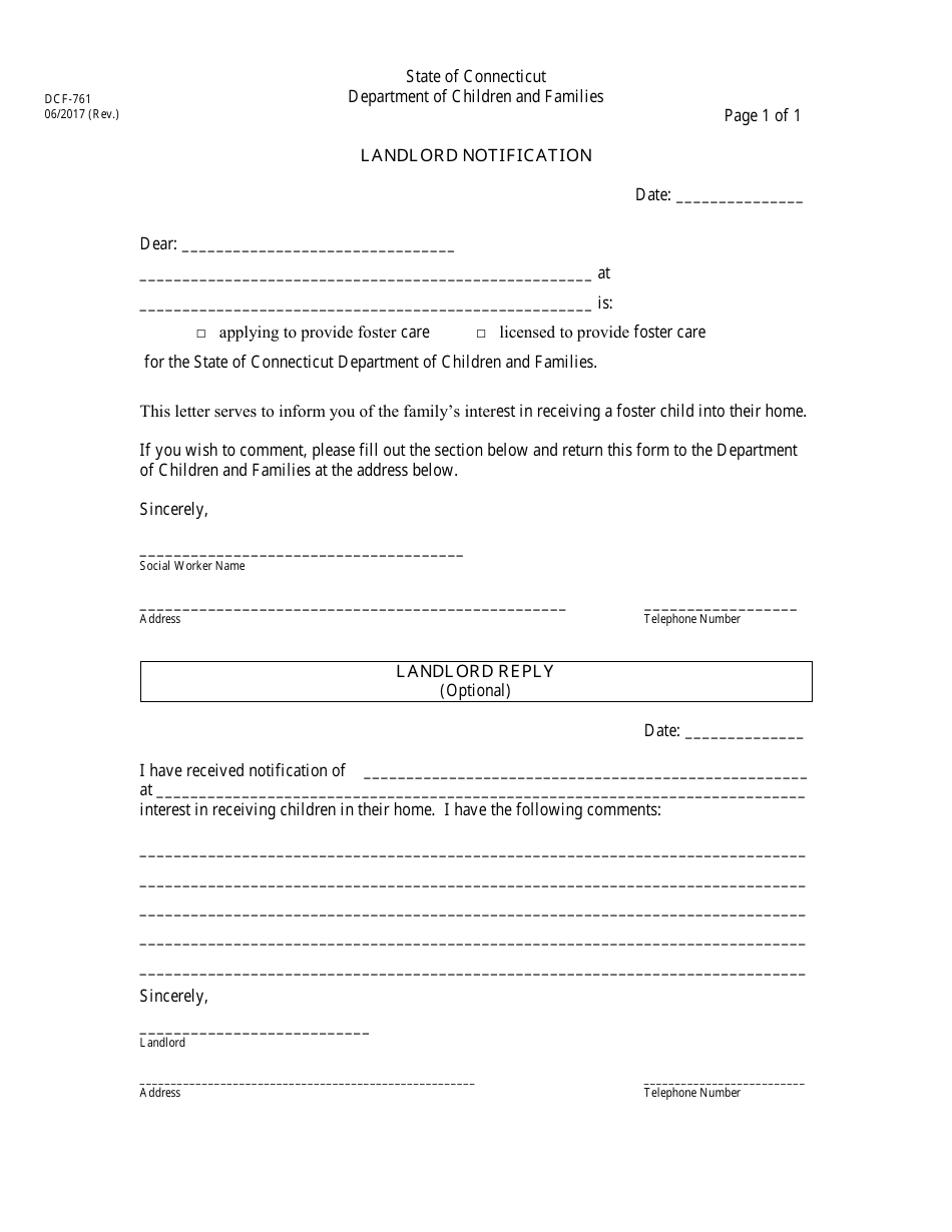 Form DCF-761 Landlord Notification - Connecticut, Page 1