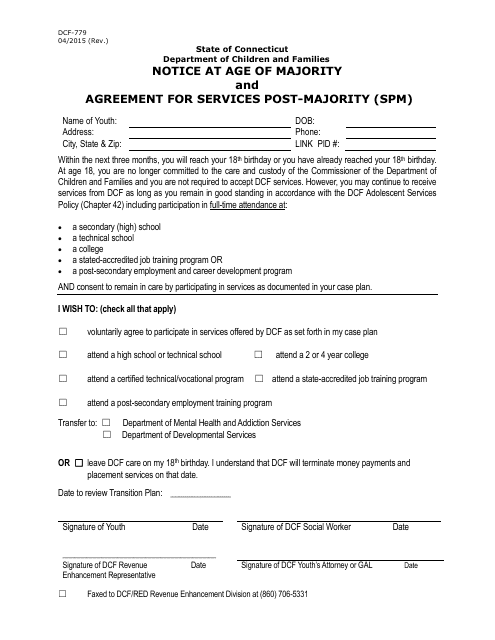 Form DCF-779 Notice at Age of Majority and Agreement for Services Post-majority (Spm) - Connecticut