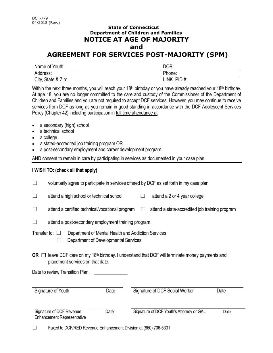 Form DCF-779 Notice at Age of Majority and Agreement for Services Post-majority (Spm) - Connecticut, Page 1