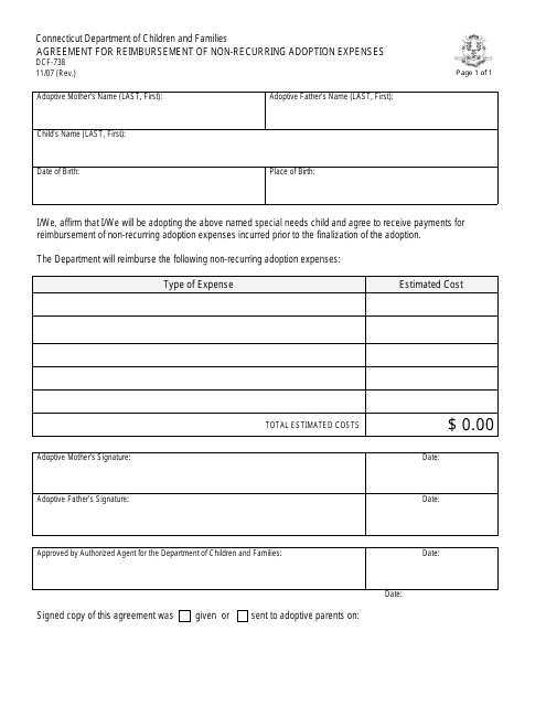 Form DCF-738 Agreement for Reimbursement of Non-recurring Adoption Expenses - Connecticut