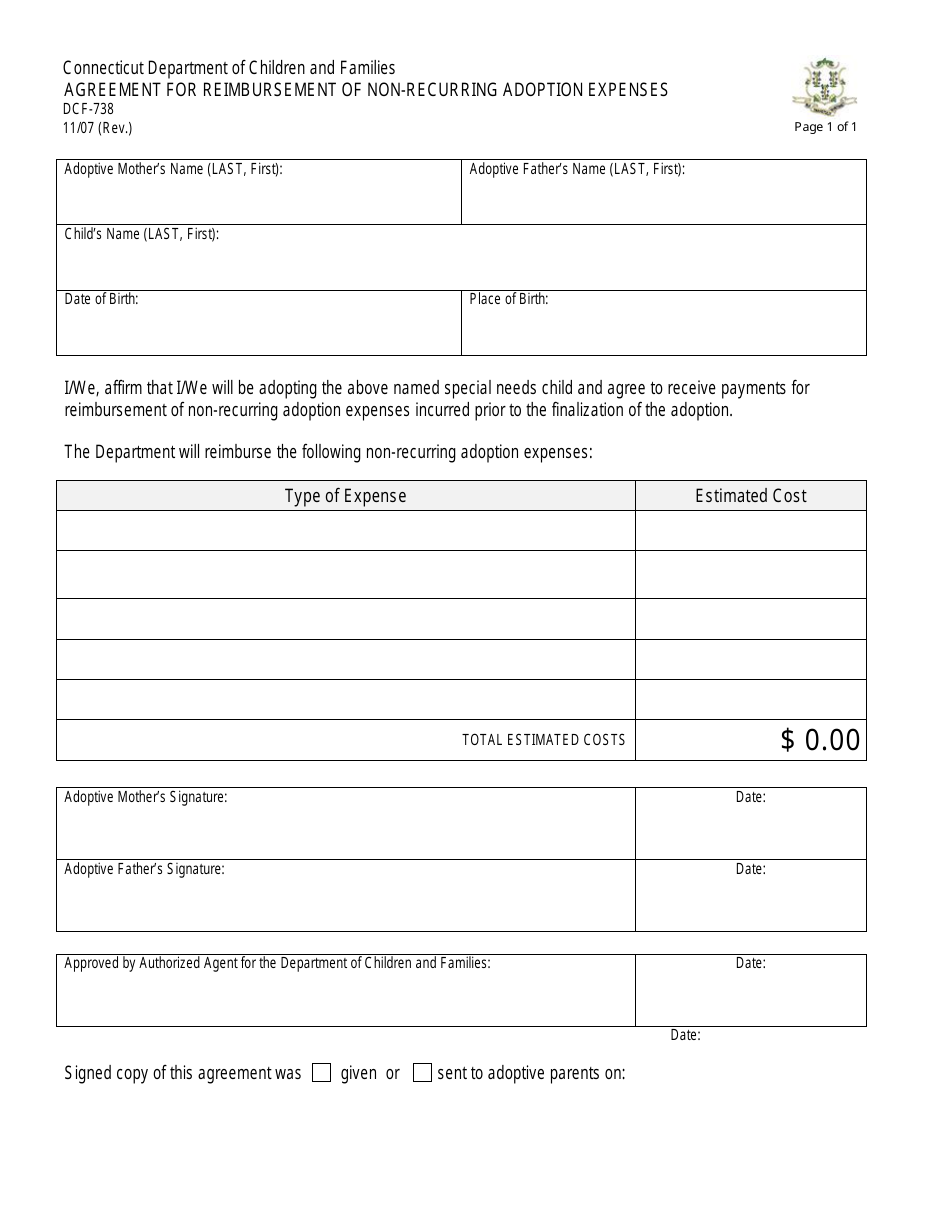 Form DCF-738 Agreement for Reimbursement of Non-recurring Adoption Expenses - Connecticut, Page 1