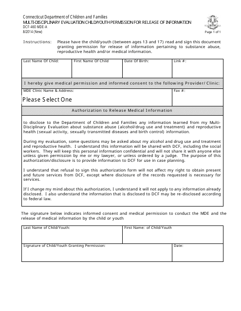 Form DCF-460 MDE-A Multi-Disciplinary Evaluation Child/Youth Permission for Release of Information - Connecticut