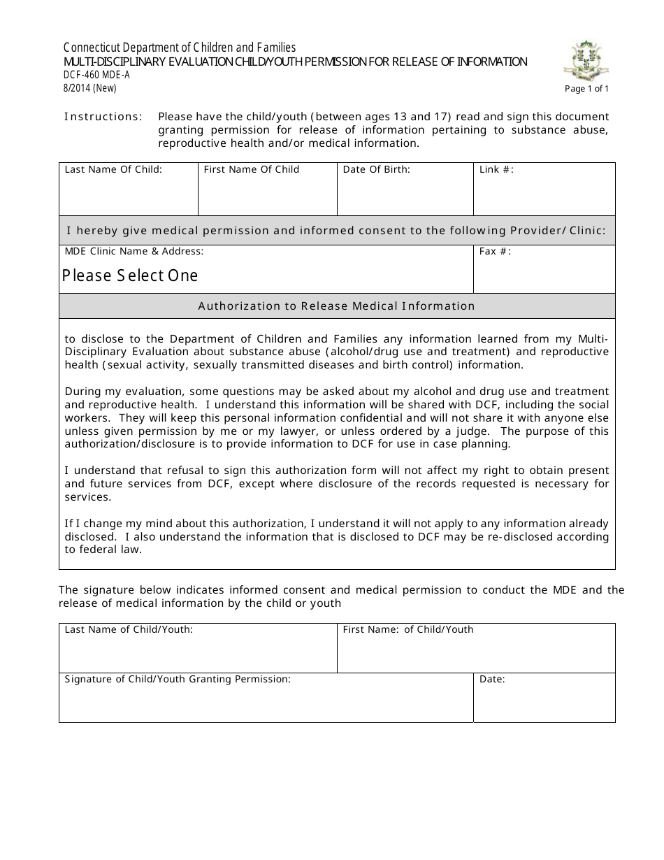 Form DCF-460 MDE-A Multi-Disciplinary Evaluation Child / Youth Permission for Release of Information - Connecticut, Page 1