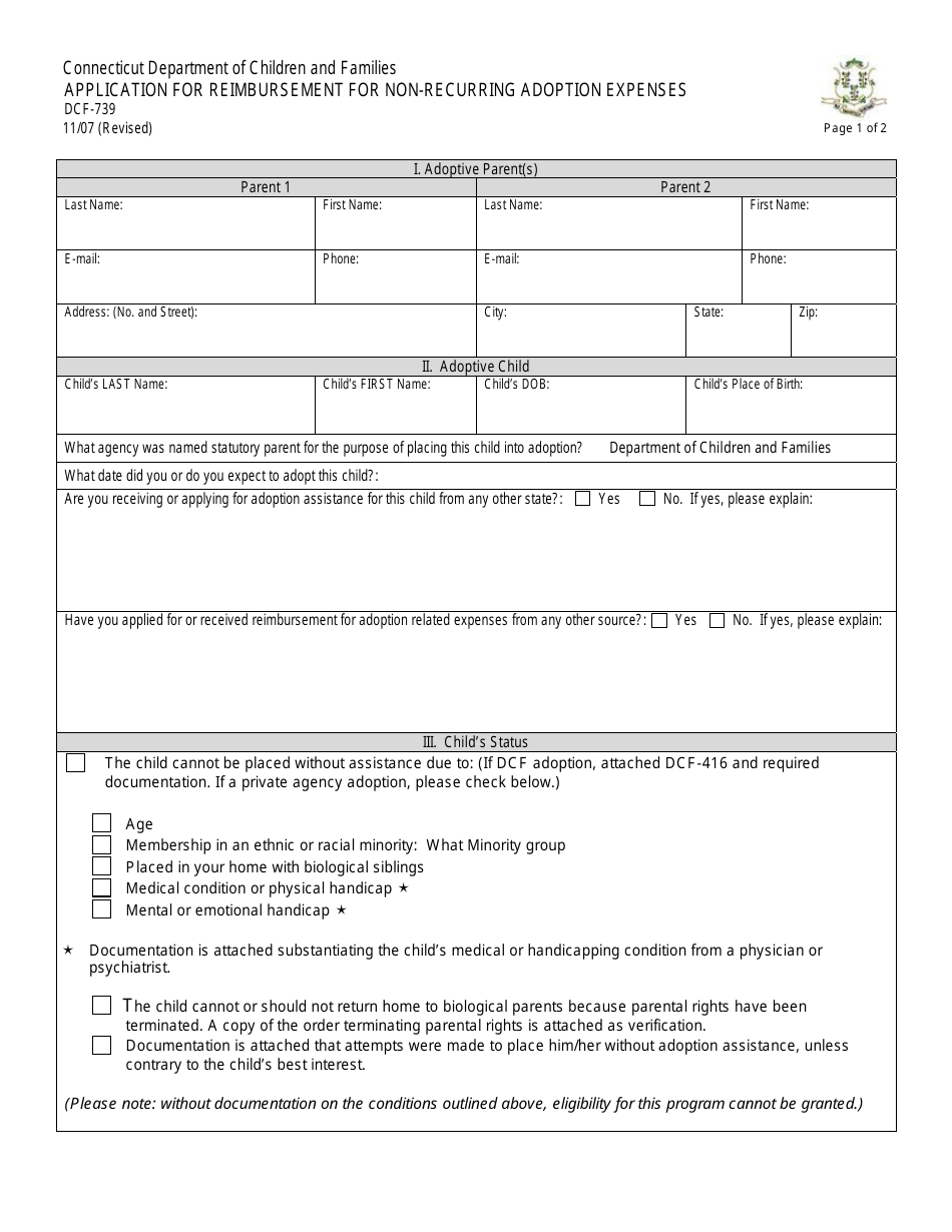 Form DCF-739 Application for Reimbursement for Non-recurring Adoption Expenses - Connecticut, Page 1