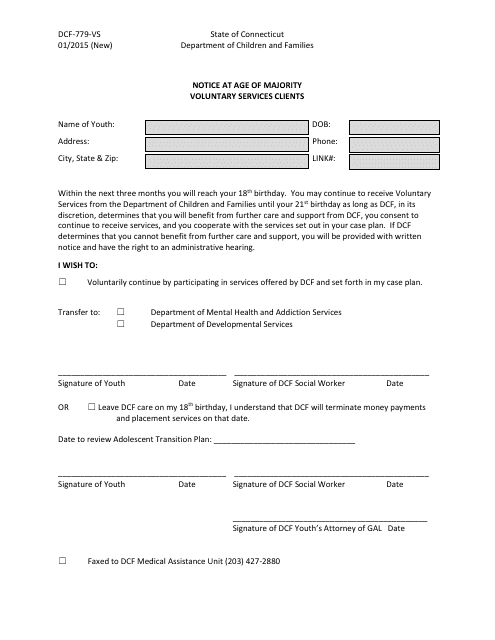 Form DCF-779-VS Notice at Age of Majority Voluntary Services Clients - Connecticut