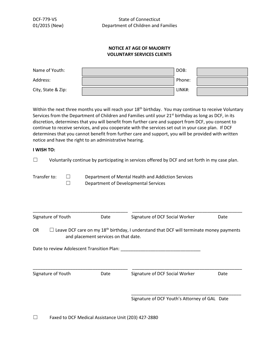 Form DCF-779-VS Notice at Age of Majority Voluntary Services Clients - Connecticut, Page 1