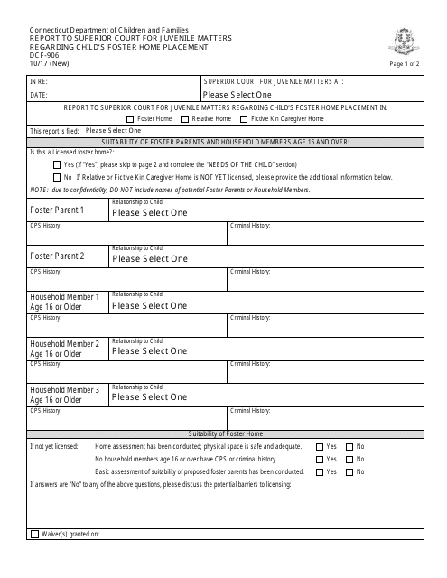 Form DCF-906 Report to Superior Court for Juvenile Matters Regarding Child's Foster Home Placement - Connecticut
