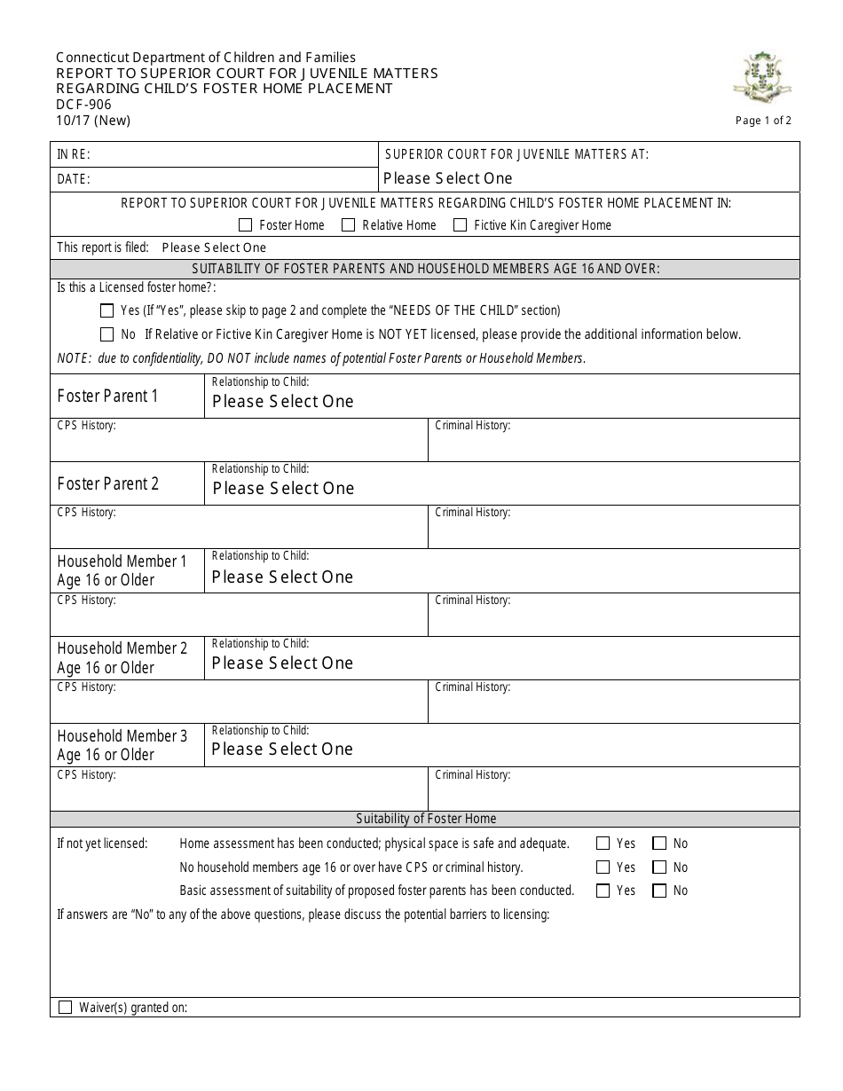 Form DCF-906 Report to Superior Court for Juvenile Matters Regarding Childs Foster Home Placement - Connecticut, Page 1