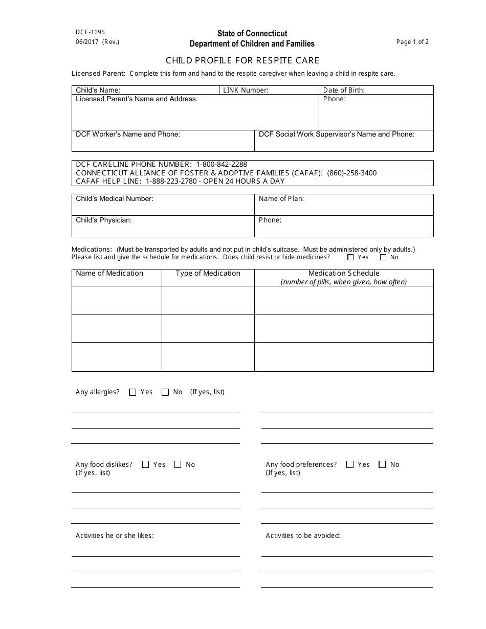 Form DCF-1095 Child Profile for Respite Care - Connecticut, Page 1