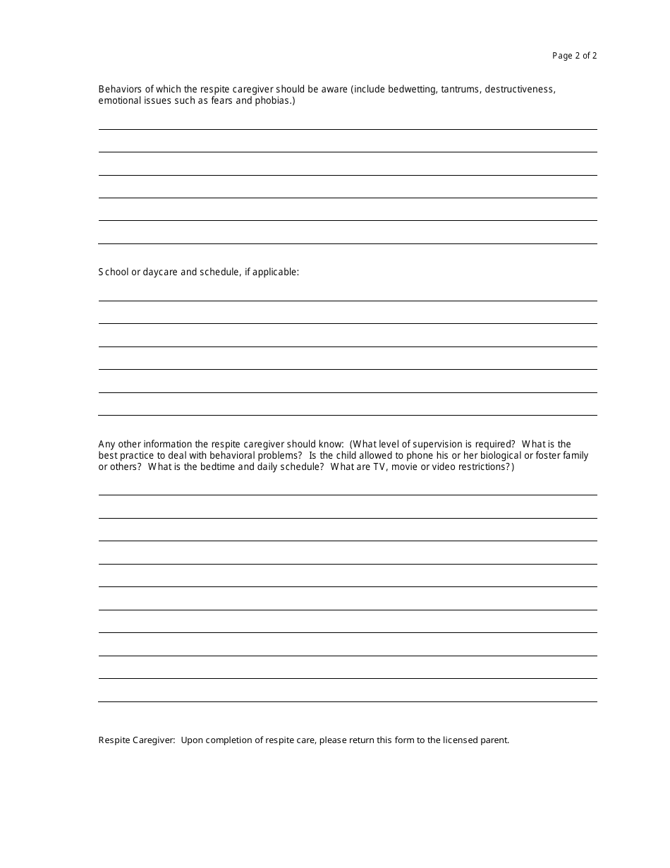 Form DCF-1095 Child Profile for Respite Care - Connecticut, Page 2
