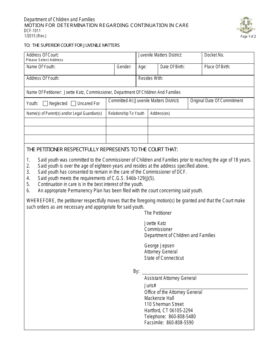 Form DCF-1011 Motion for Determination Regarding Continuation in Care - Connecticut, Page 1
