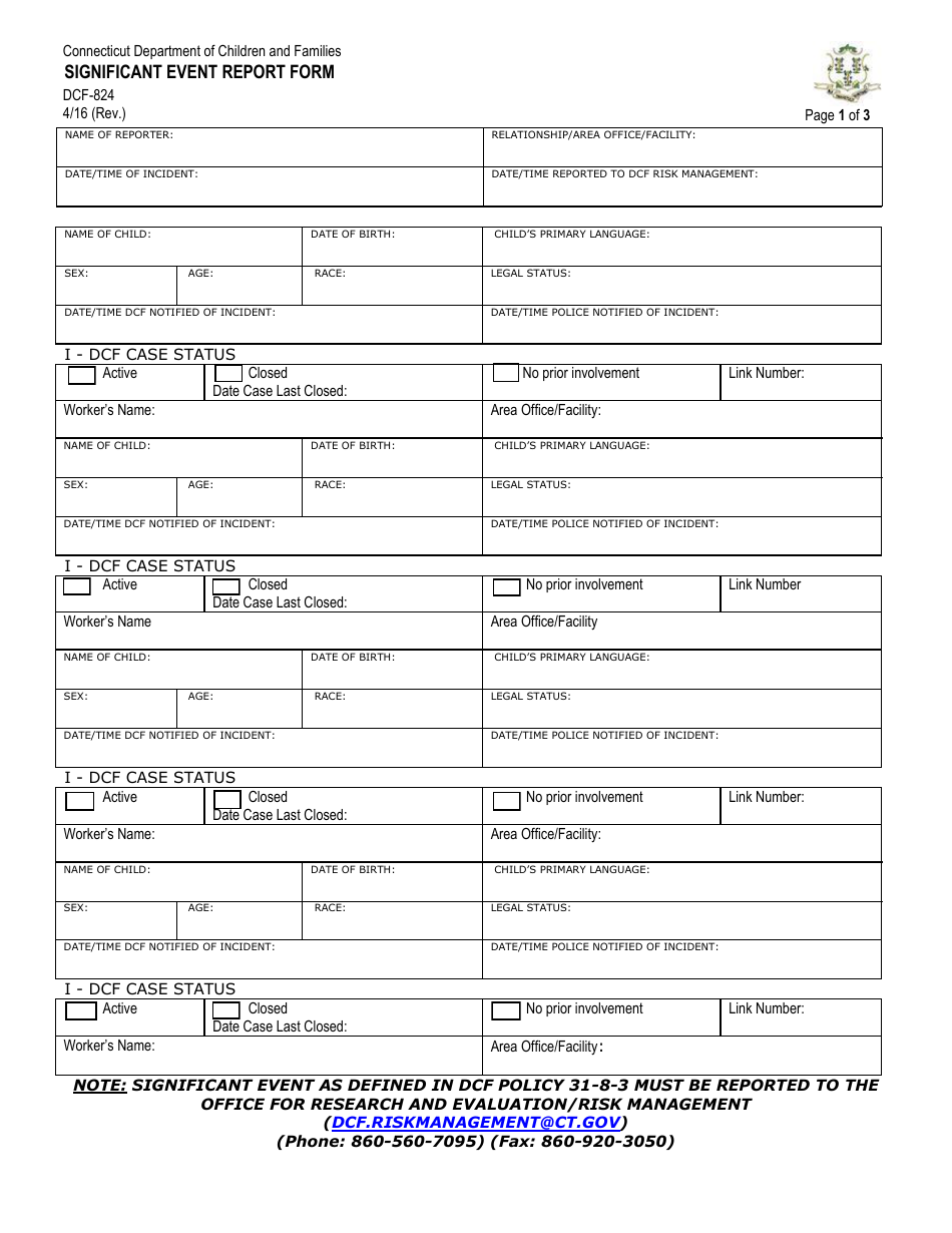 Form DCF-824 Significant Event Report Form - Connecticut, Page 1