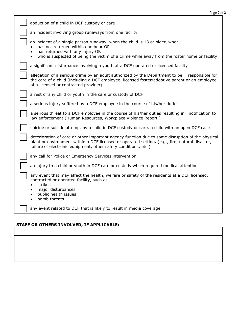 Form DCF-824 Significant Event Report Form - Connecticut, Page 2