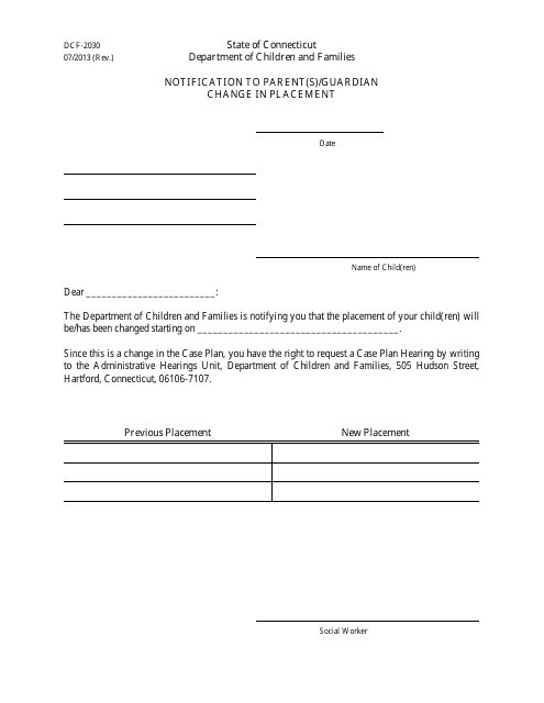 Form DCF-2030 Notification to Parent(S)/Guardian Change in Placement - Connecticut
