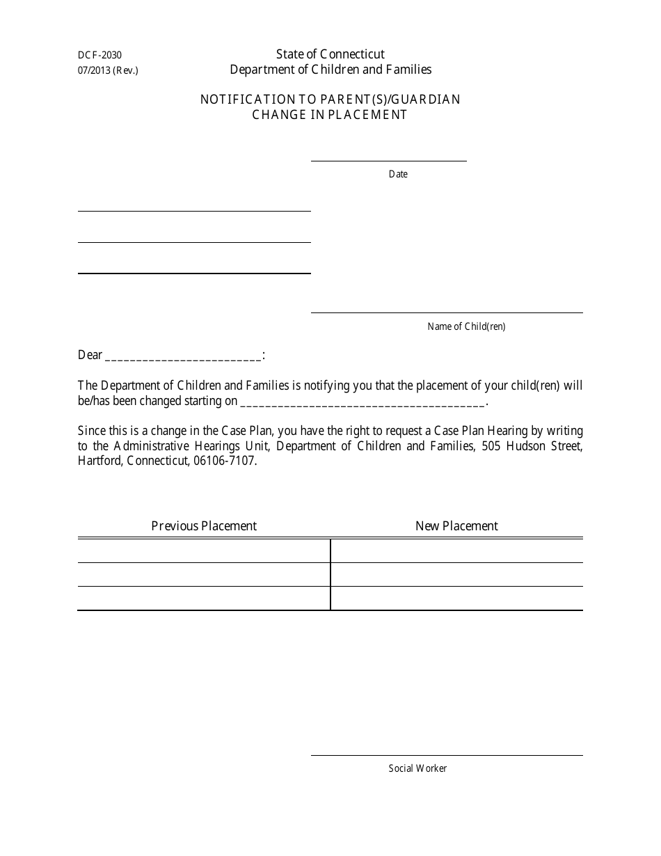 Form DCF-2030 Notification to Parent(S) / Guardian Change in Placement - Connecticut, Page 1