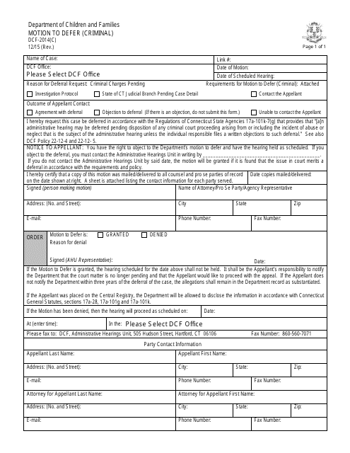 Form DCF-2014(C) Motion to Defer (Criminal) - Connecticut