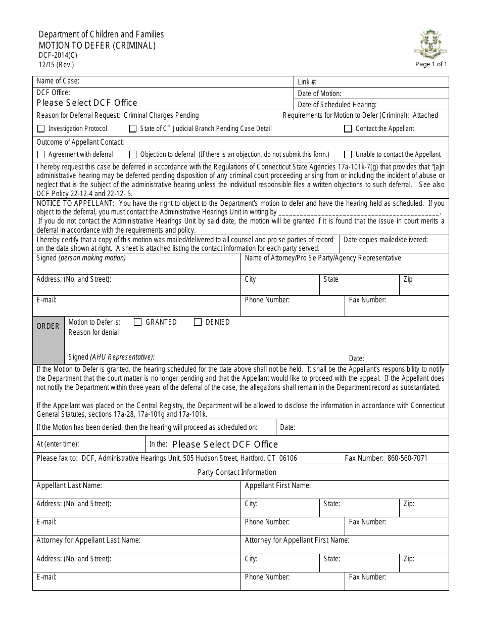 Form DCF-2014(C) Motion to Defer (Criminal) - Connecticut, Page 1