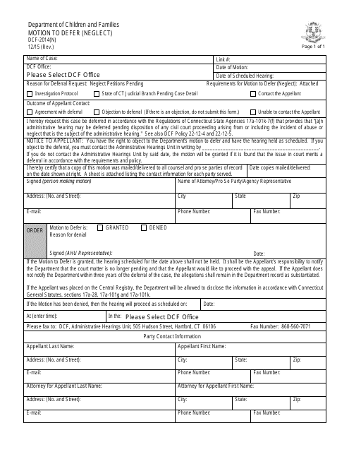 Form DCF-2014(N) Motion to Defer (Neglect) - Connecticut