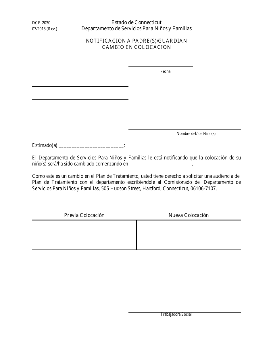 Formulario DCF-2030 Notificacion a Padre(S) / Guardian Cambio En Colocacion - Connecticut (Spanish), Page 1