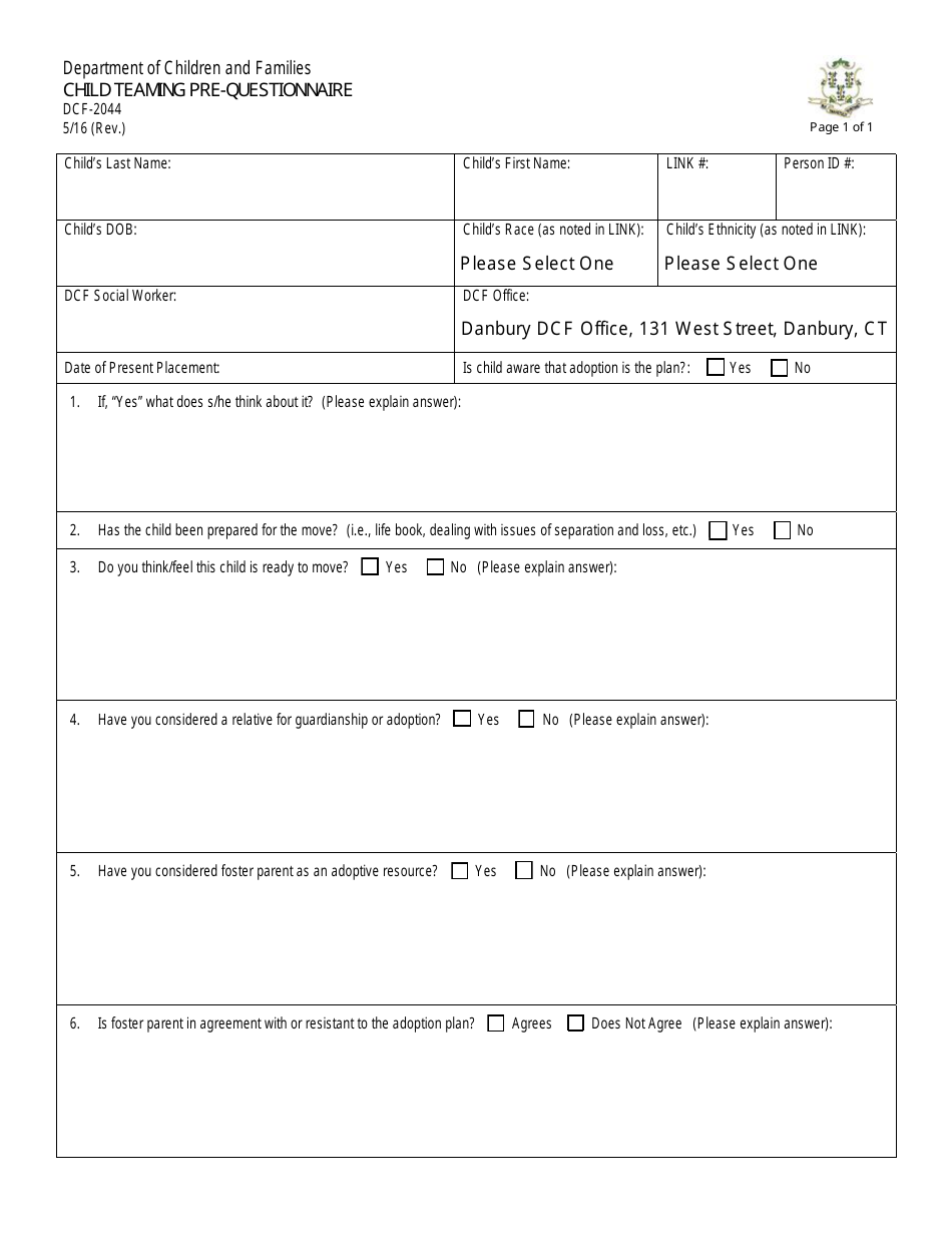 Form DCF-2044 Child Teaming Pre-questionnaire - Connecticut, Page 1
