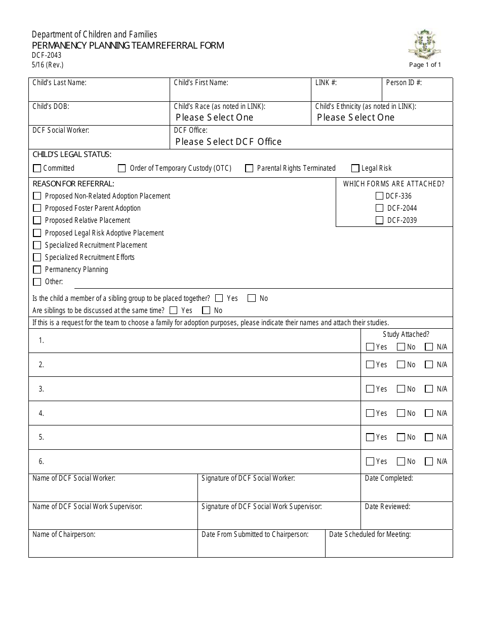 Form DCF-2043 Permanency Planning Team Referral Form - Connecticut, Page 1