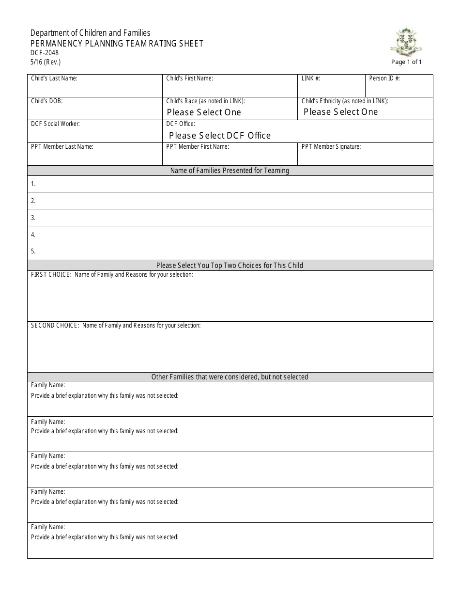 Form DCF-2048 Permanency Planning Team Rating Sheet - Connecticut, Page 1
