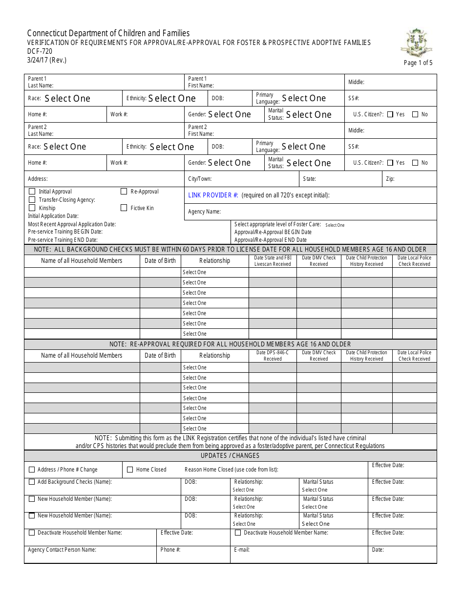 Form DCF-720 Verification of Requirements for Approval / Re-approval for Foster  Prospective Adoptive Families - Connecticut, Page 1