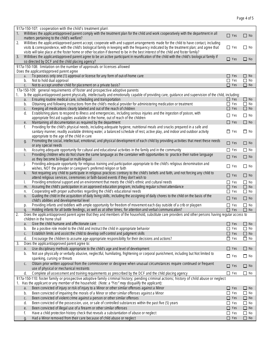 Form DCF-720 Verification of Requirements for Approval / Re-approval for Foster  Prospective Adoptive Families - Connecticut, Page 4